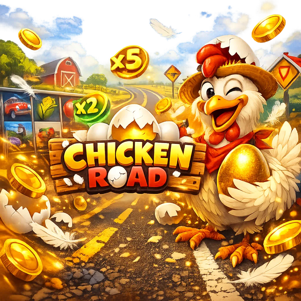 Dynamic promotional banner for Chicken Road slot featuring a funny chicken, road lanes, and floating coins.