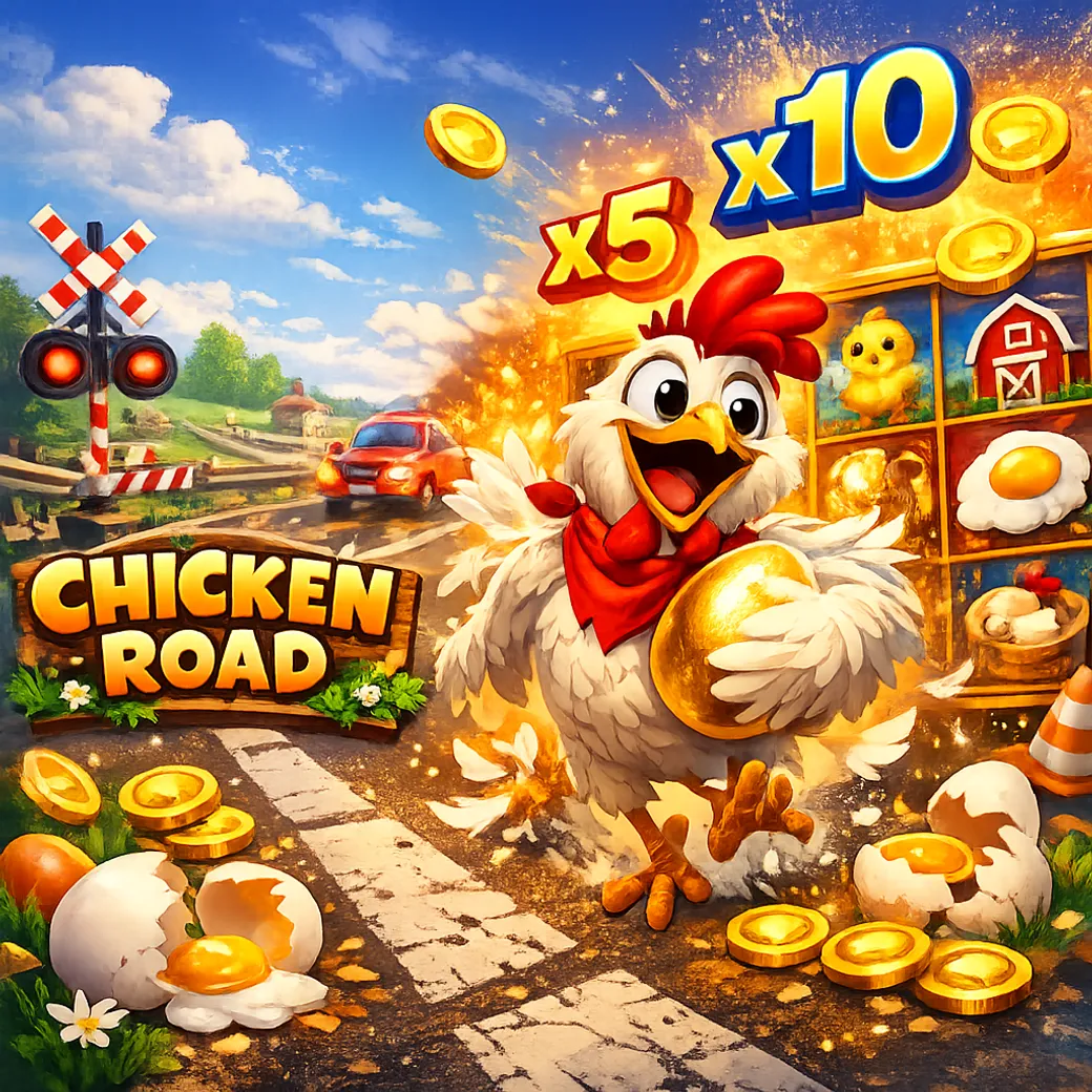 Bright promotional image featuring a funny cartoon chicken on a road, surrounded by eggs, feathers, and coins with a playful,